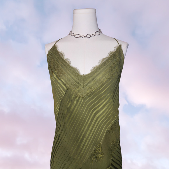 Asos Green Lace Insert Stripe Panel Long Maxi V-Neck Patchwork Satin Dress Sz 14 - Picture 2 of 7